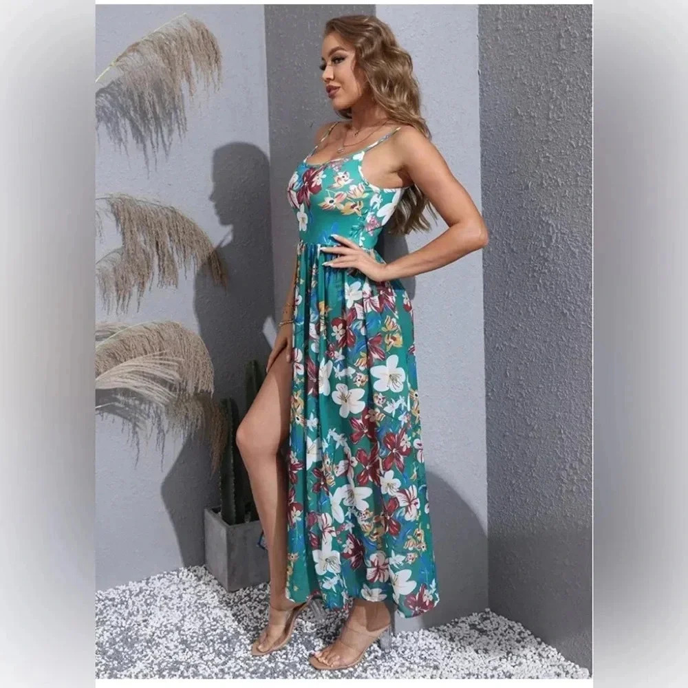 Women Summer Spaghetti Strap Romper Split Maxi Party Casual Dress - Picture 3 of 5